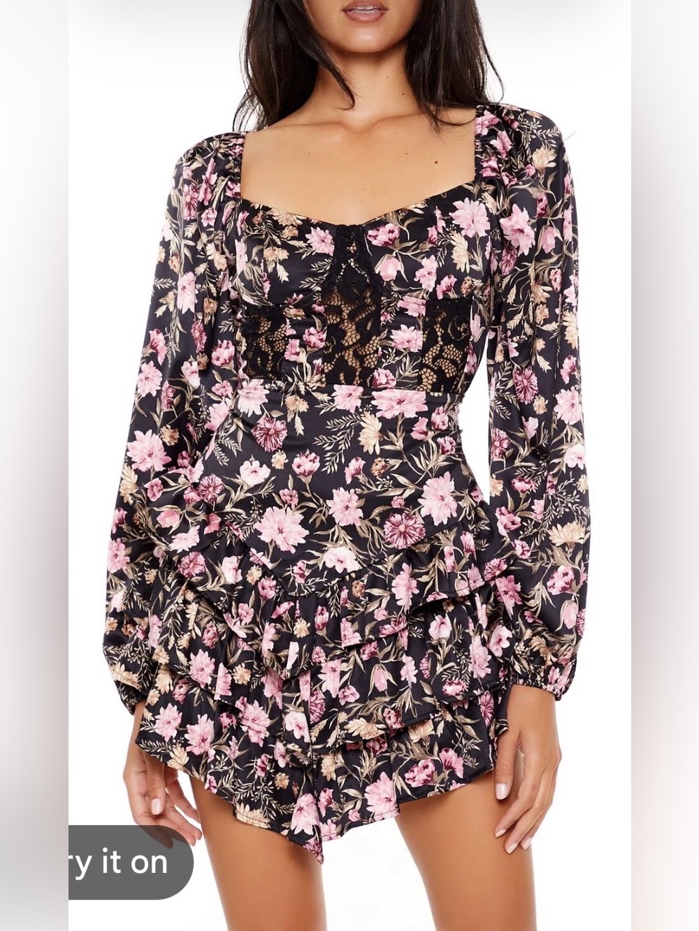 Forever 21 Black Floral Lace-Front Long Sleeve Mini Dress